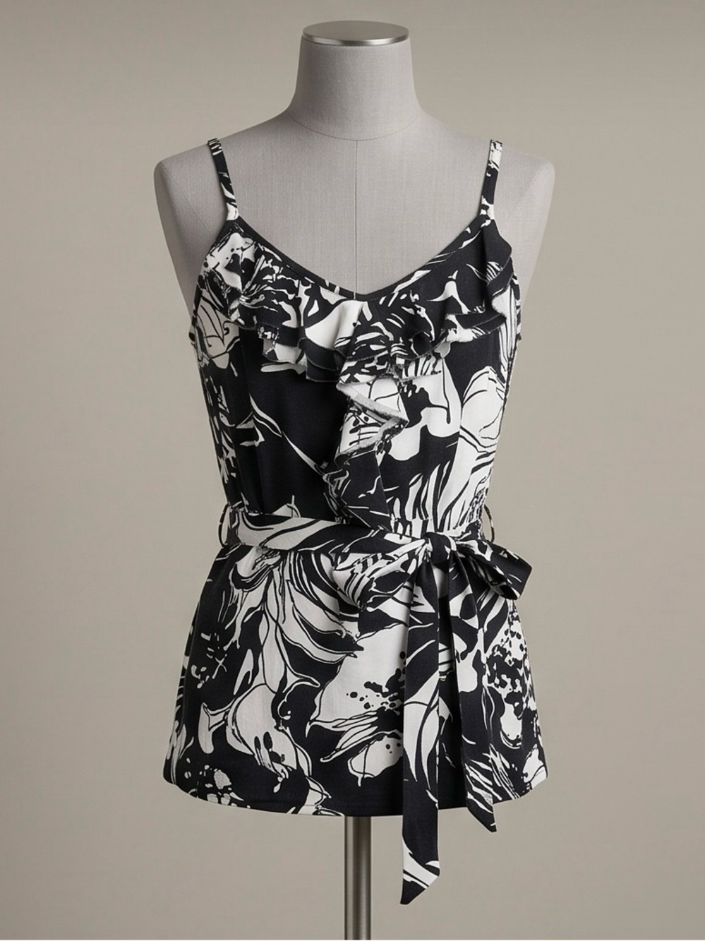 White House Black Market Black & White Floral Ruffle Tie-Waist Cami